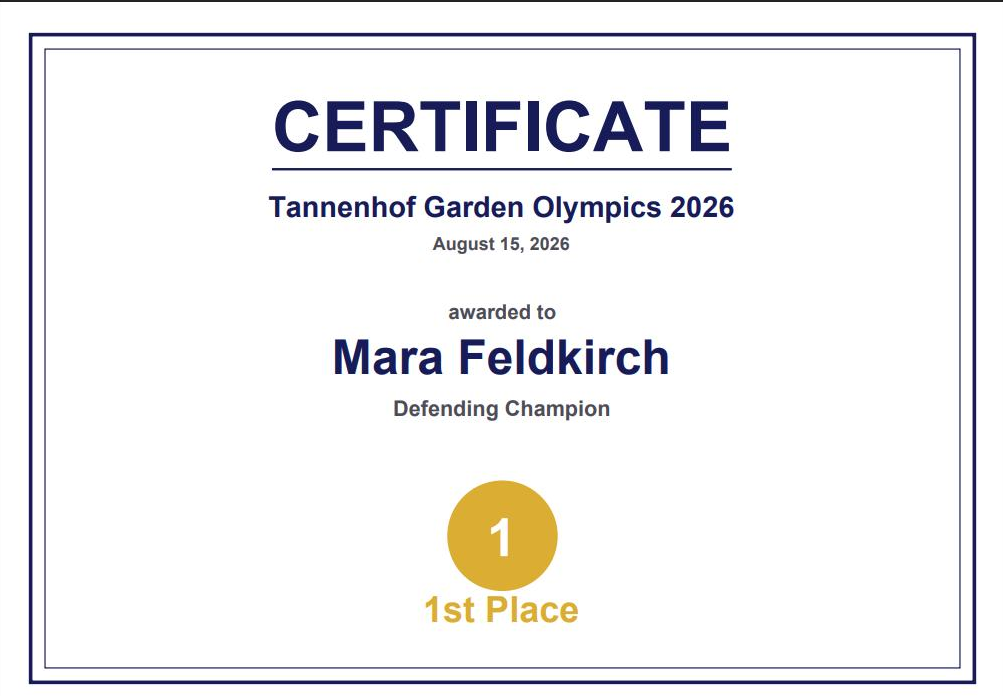 The generated certificate: navy double frame, CERTIFICATE in Helvetica-Bold, event name and date, the winner's name and title, and a gold medal with the number 1