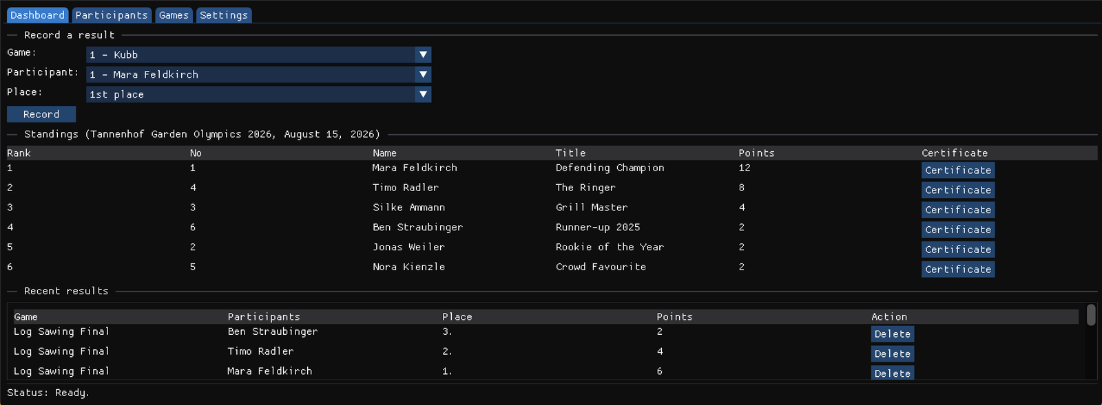 The Black Forest Games dashboard with the live standings table