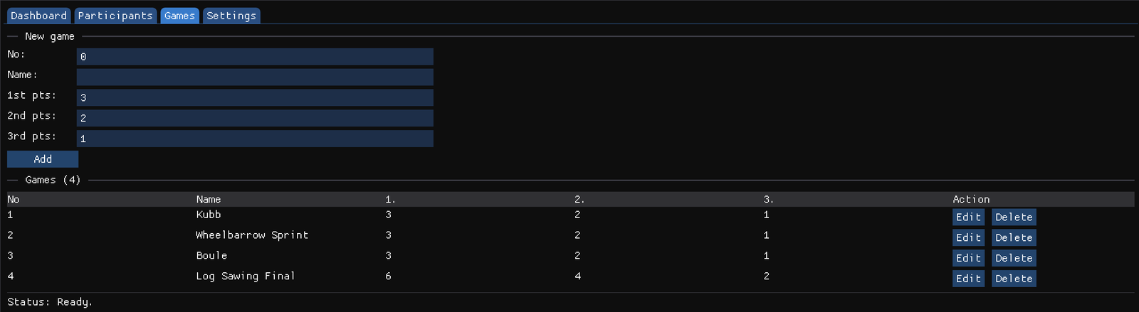The Games tab: four disciplines with their point values, the Log Sawing Final at 6, 4 and 2 points