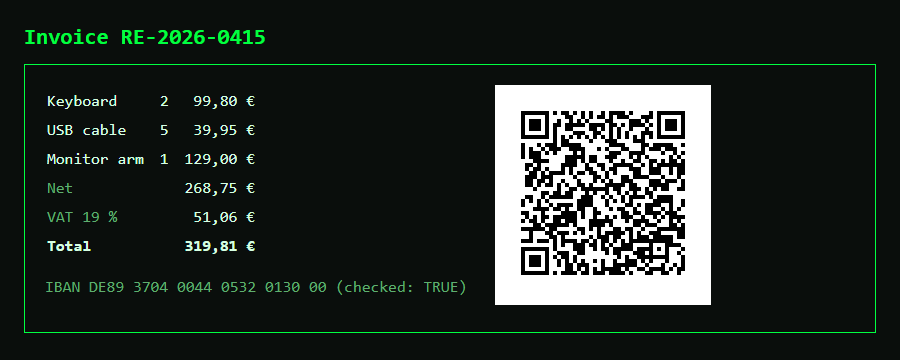 An invoice page served by JDWEB: three lines, net, VAT and total, the checked IBAN and an EPC payment QR code