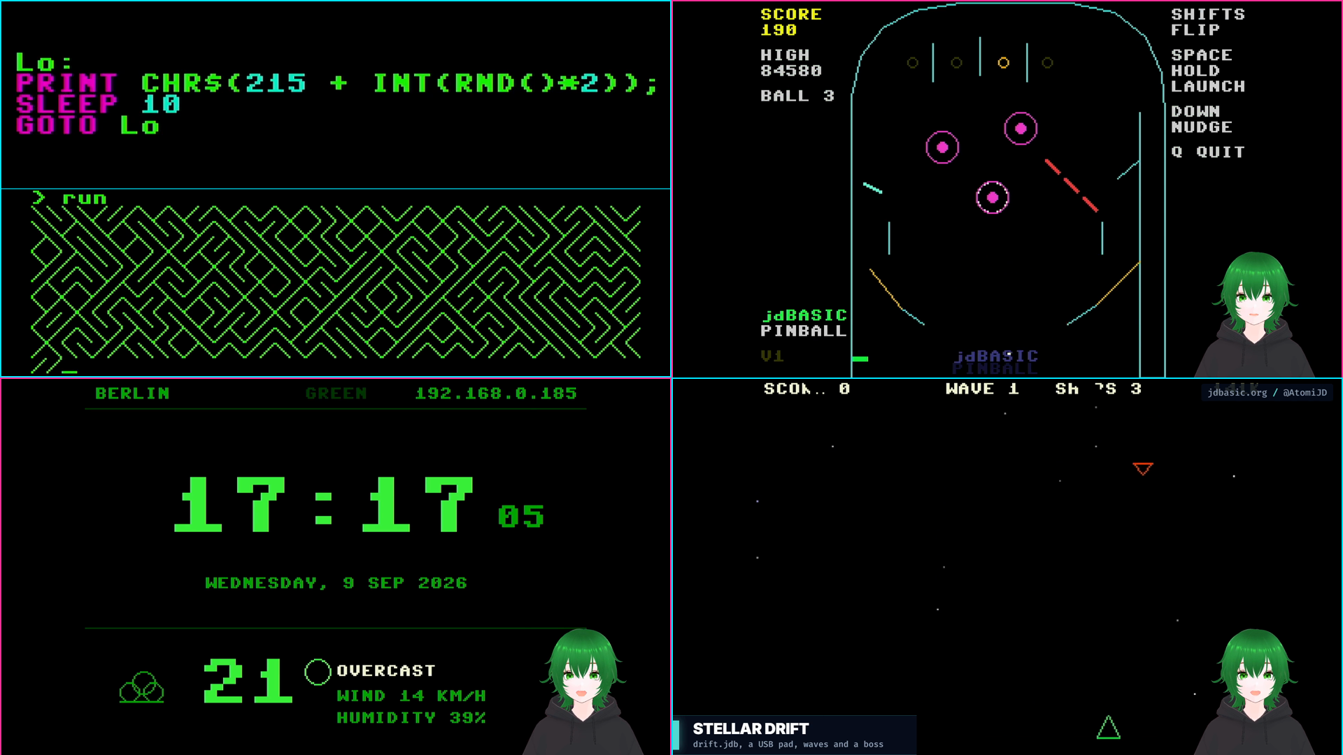 Four Fruit Jam screens: the maze one-liner in the editor and its output, the pinball table, the network clock with the weather for Berlin, and the STELLAR DRIFT starfield