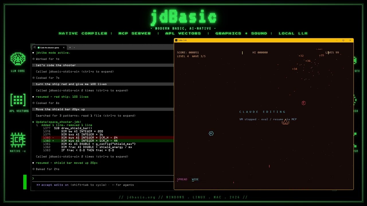 Claude Code on the left, the running jdBasic shooter on the right, with a diff on draw_shield_bar