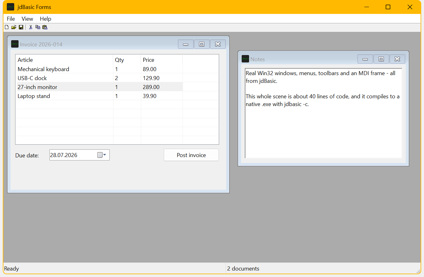 jdBasic MDI application with menu, toolbar, ListView invoice and rich text notes, all native Win32 controls