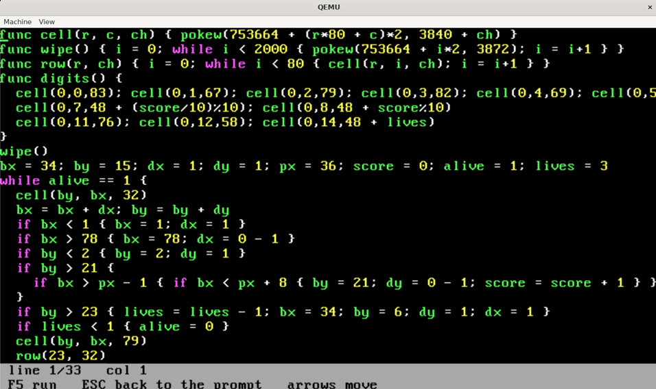 The jdBasic OS editor with the game source, keywords in magenta, numbers in yellow