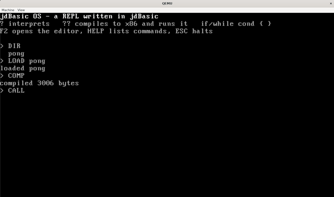 The jdBasic OS prompt: DIR lists pong, LOAD pong, COMP reports 3006 bytes, CALL