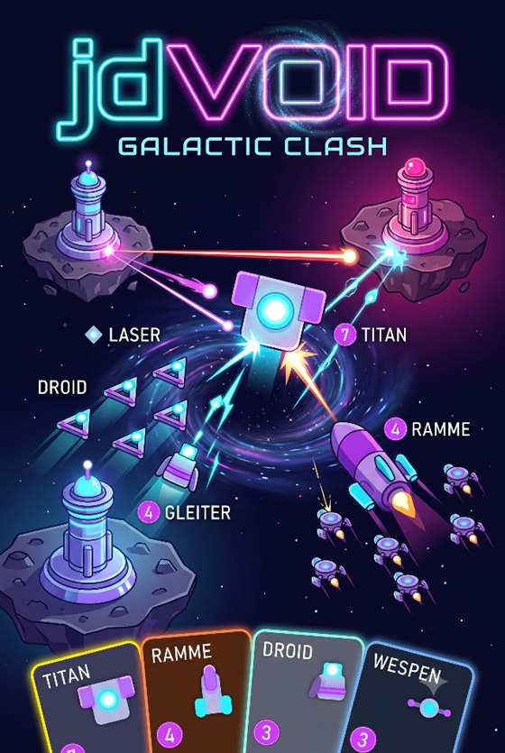 jdVOID key art: two orbital stations trading fire across a galactic arena, with card icons for Titan, Ramme, Droid and Wespen