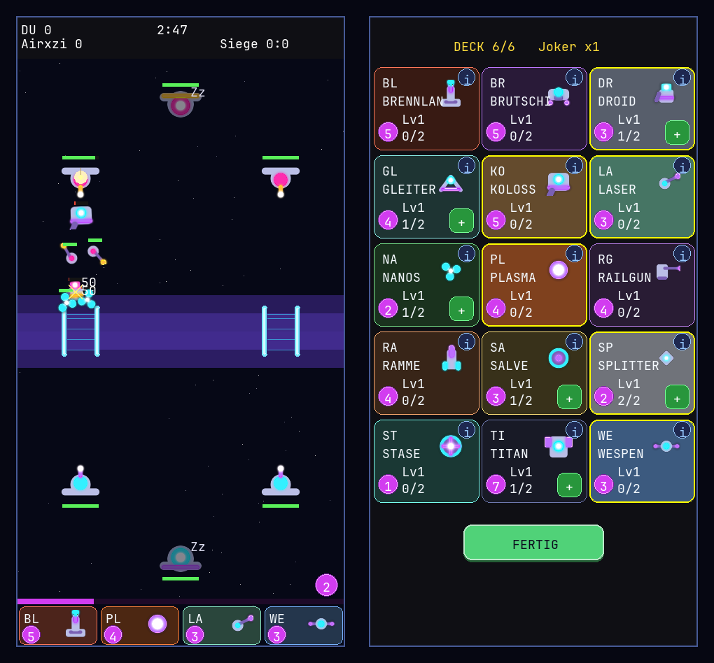 jdVOID running on a phone: a battle in progress with ships crossing the bridge, and the deck screen with fifteen cards