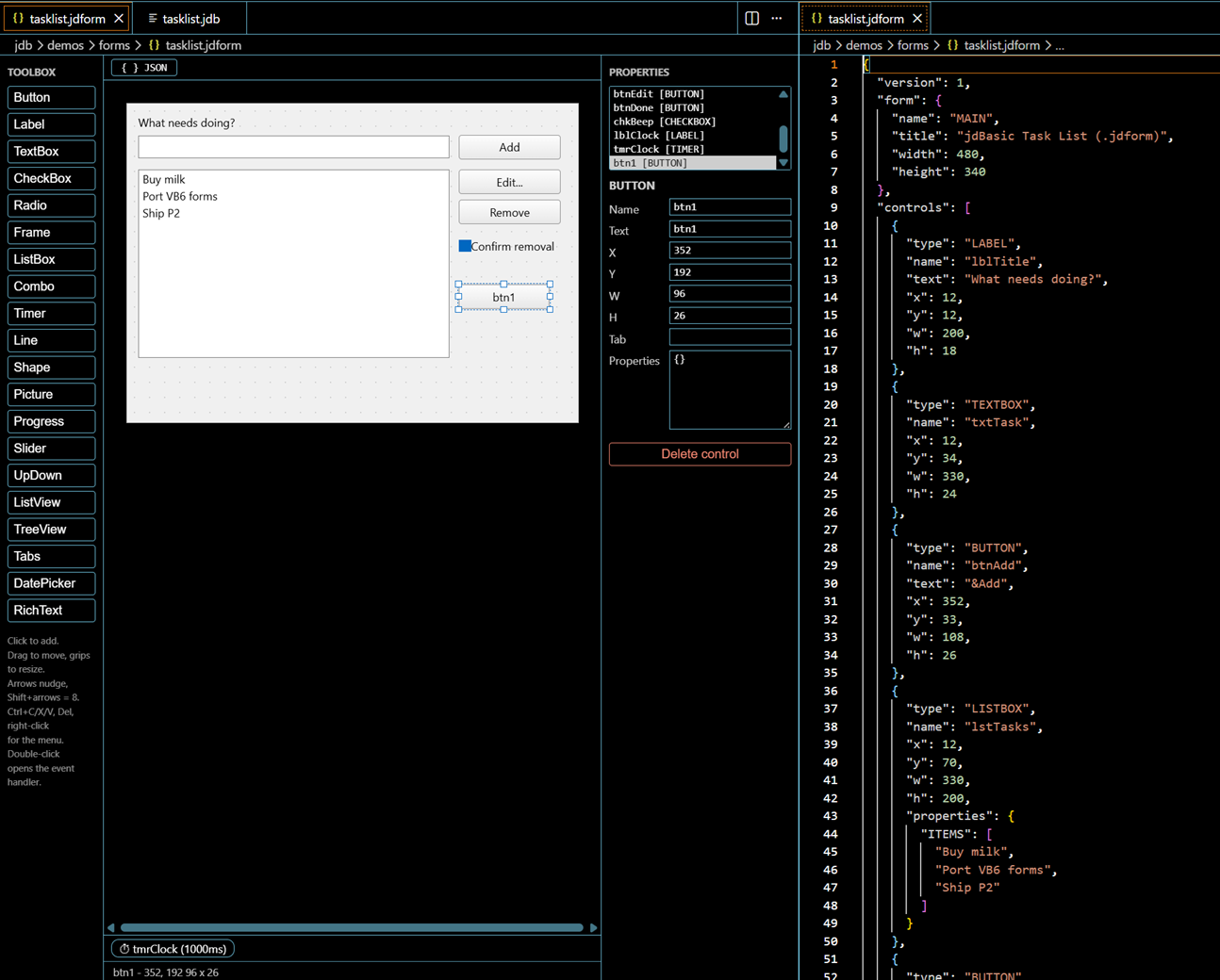 The jdBasic form designer in VS Code: toolbox, canvas and property grid next to the live .jdform JSON